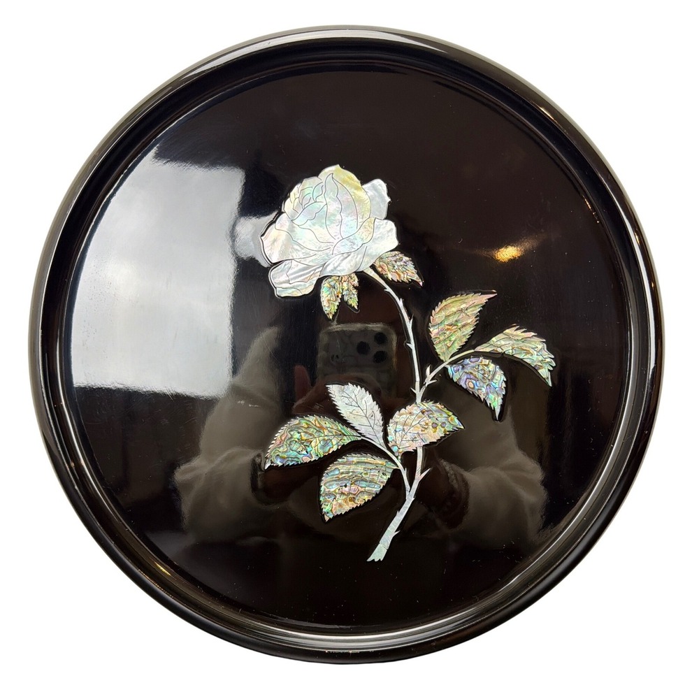 Vintage Black Lacquered Round Tray Mother of Pearl Rose Inlay Iridescent Nacre